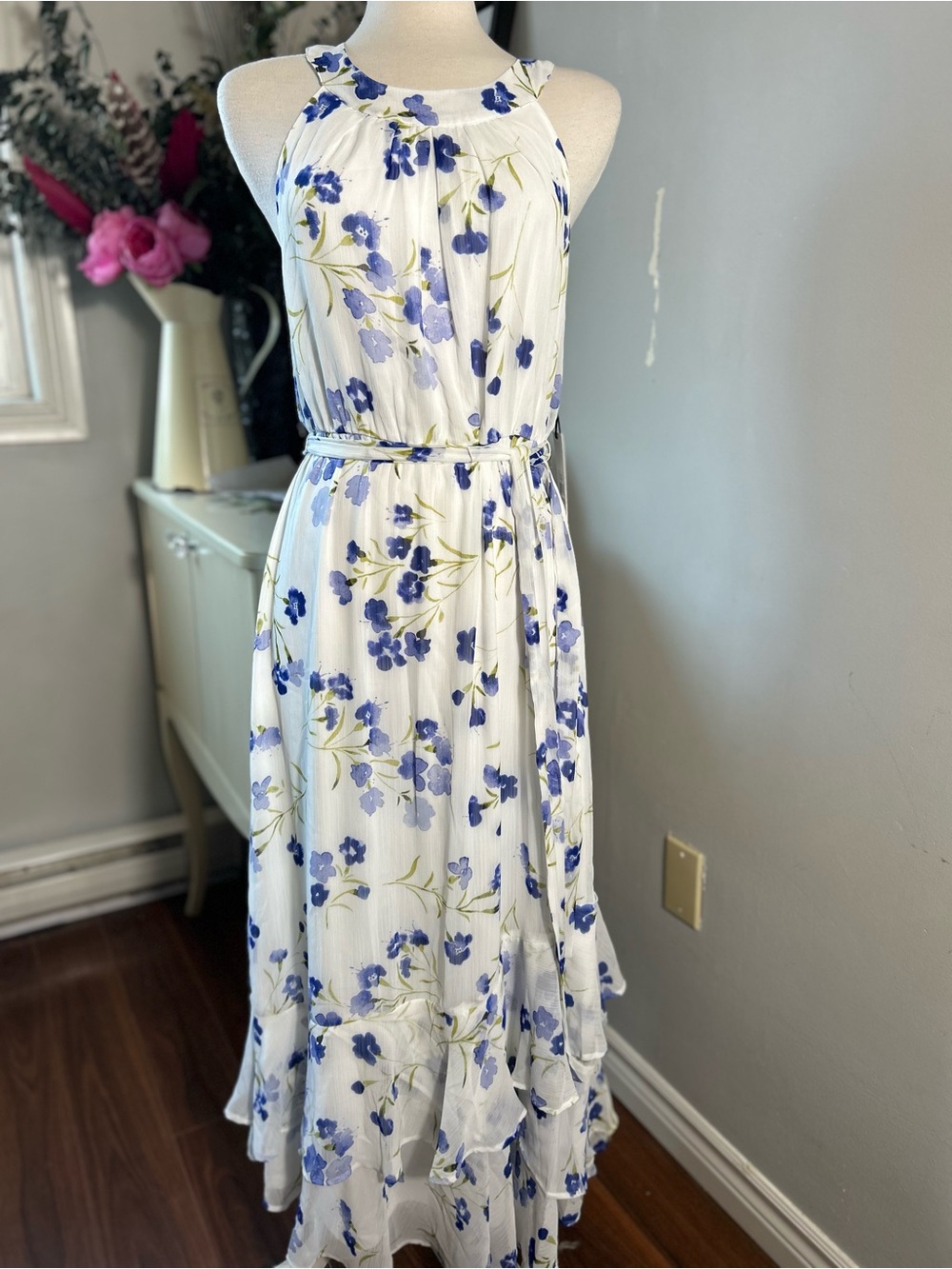 NWT Calvin Klein Blue Floral Halter Maxi Dress Size 12